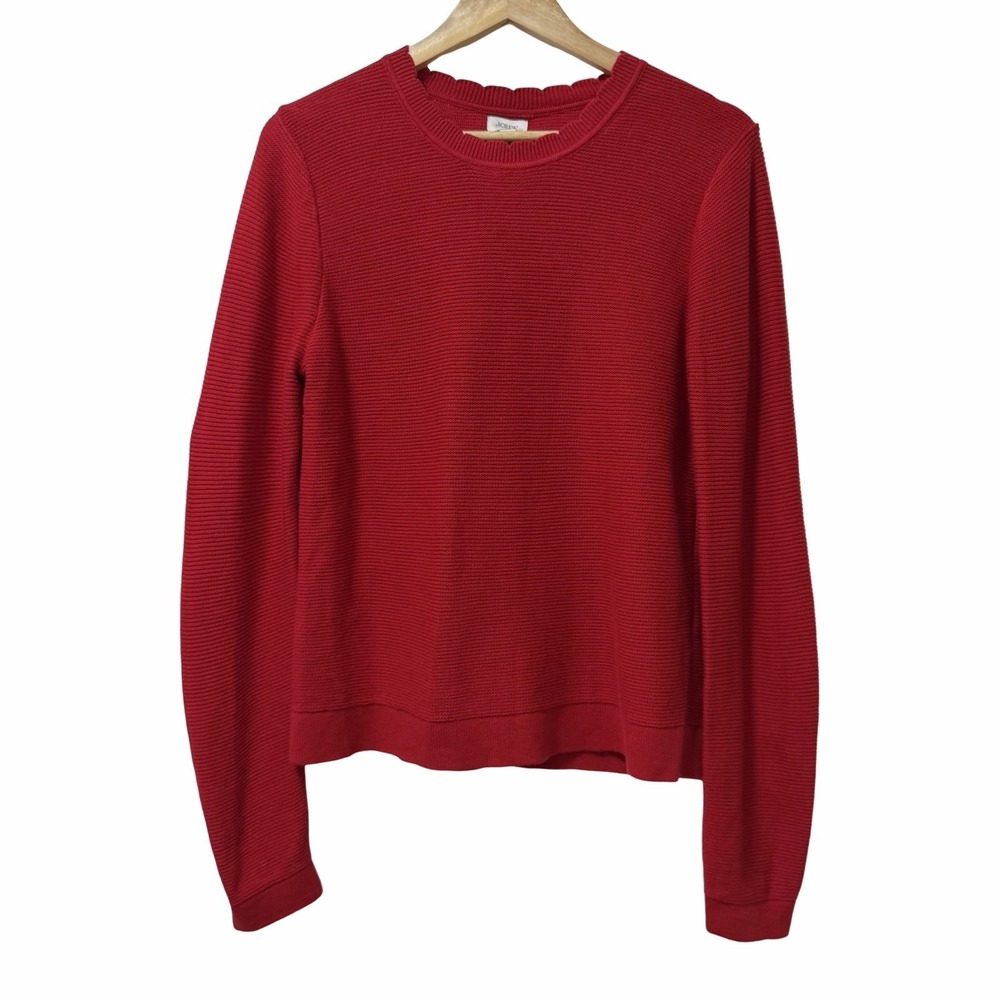 J Crew Womens Textured Scalloped Crew Neck Sweater Size M Red Classic Holiday
